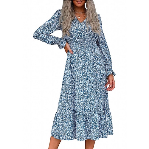 

Damen Blumenkleid Boho-Kleid Midikleid Grün Schwarz Blau Langarm Blumen Rüschen Winter Herbst V Ausschnitt Modisch winterkleider damen herbstkleider Lockere Passform 2022 S M L XL