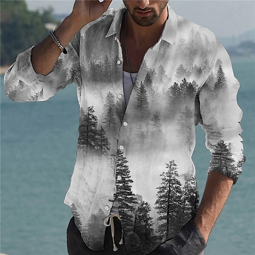 

Men's Shirt 3D Print Scenery Tree Turndown Street Casual Button-Down Print Long Sleeve Tops Designer Casual Fashion Breathable Gray