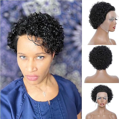 

Human Hair Short 13x1 Lace Front Wig Free Part Brazilian Hair Deep Curly Human Hair Wigs For Black Women Cheap Human Hair Wig Glueless Afro Curly pixie cut Wig