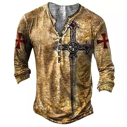 

Men's Henley Shirt T shirt Tee Tee Graphic Cross Henley Brown 3D Print Plus Size Outdoor Daily Long Sleeve Button-Down Print Clothing Apparel Basic Designer Classic Comfortable / Sports