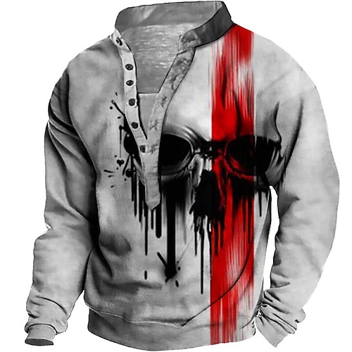 

Men's Unisex Sweatshirt Pullover Button Up Hoodie Gray Standing Collar Skull Graphic Prints Print Casual Daily Sports 3D Print Streetwear Designer Casual Spring & Fall Clothing Apparel Hoodies