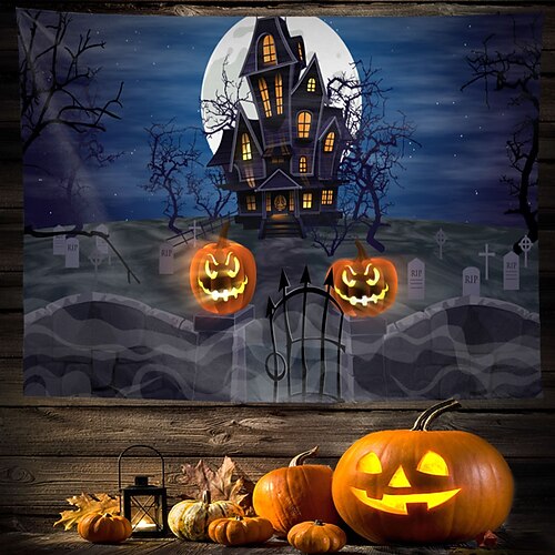 

Halloween Party Wall Tapestry Art Decor Blanket Curtain Hanging Home Bedroom Living Room Decoration Polyester Pumpkin Bat Ghost Castle Witch