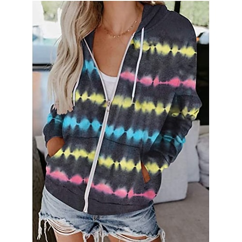 

Women's Zip Up Hoodie Sweatshirt Tie Dye Zipper Front Pocket Print Daily Sports 3D Print Active Streetwear Stripe Hoodies Sweatshirts Black Pink Rainbow