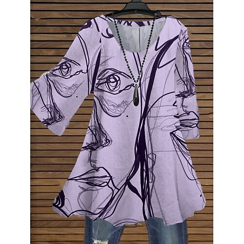 

Women's Shirt Green Blue Purple Portrait Graffiti Print Long Sleeve Holiday Weekend Streetwear Casual Round Neck Long Portrait XL