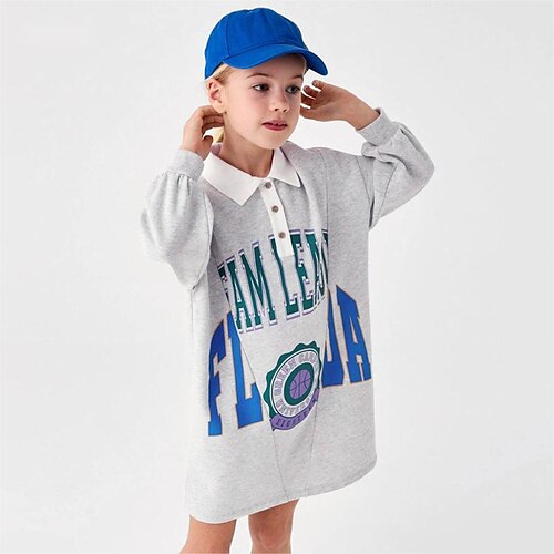 

Kids Little Girls' Dress Letter Shift Dress Daily Gray Asymmetrical Long Sleeve Casual Sweet Dresses Fall Winter Regular Fit 2-8 Years