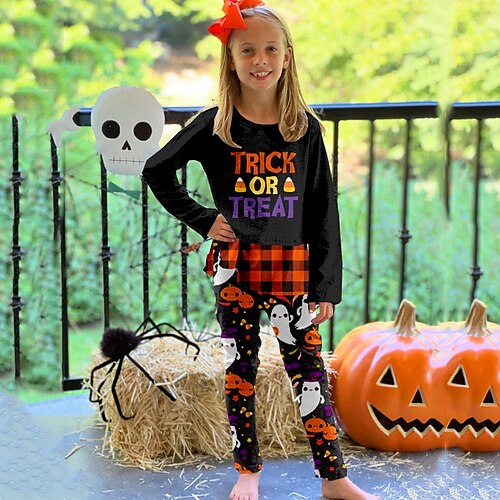 

Kids Girls' Halloween T-shirt Pants Clothing Set 2 Pieces Long Sleeve Black Plaid Letter Crewneck Ruffle Print Indoor Vacation Outdoor Active Daily Street Style 3-12 Years