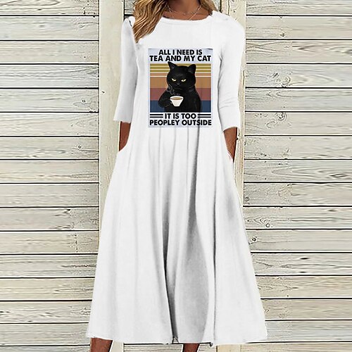 

Women's Casual Dress Shift Dress Midi Dress White 3/4 Length Sleeve Cat Letter Animal Ruched Print Fall Winter Round Neck Casual Vacation 2022 S M L XL XXL 3XL