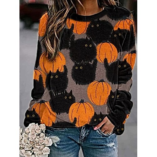 

Women's Sweatshirt Pullover Streetwear Halloween Print Blue Orange Animal Pumpkin Loose Fit Casual Round Neck Long Sleeve S M L XL XXL / 3D Print