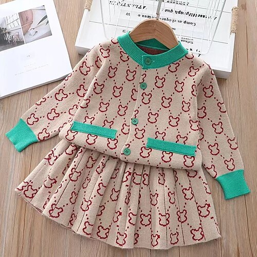 

2 Pieces Kids Girls' SkirtSet Clothing Set Outfit Solid Color Animal Cartoon Long Sleeve Set Daily Sweet Winter Fall 2-6 Years khaki White