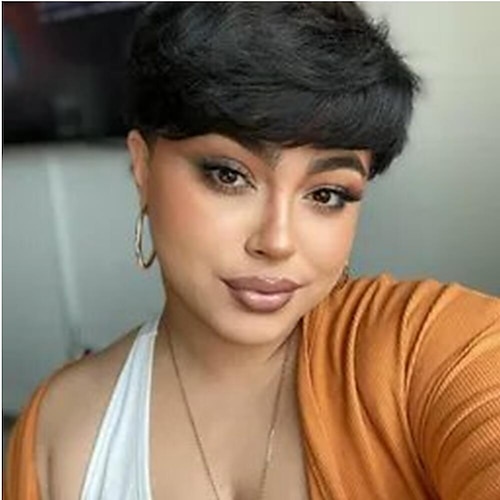 

Human Hair Wig Short Straight Pixie Cut Natural Black Adjustable Natural Hairline For Black Women Machine Made Capless Brazilian Hair Women's All Natural Black #1B 6 inch Daily Wear Party & Evening