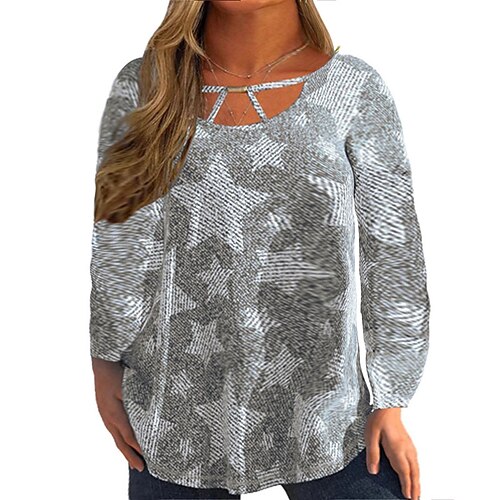 

Women's Plus Size Tops Blouse Shirt Geometry Cut Out Print Long Sleeve Round Neck Basic Daily Vacation Cotton Fall Winter Blue Gray