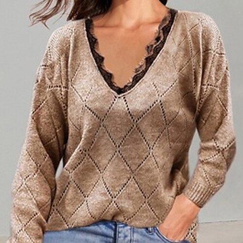 

Women's Pullover Sweater Jumper Ribbed Knit Knitted Lace Trims Color Block V Neck Stylish Casual Daily Holiday Fall Winter Khaki S M L / Long Sleeve