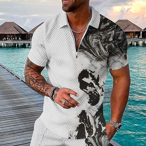

Men's Collar Polo Shirt Golf Shirt Holiday Turndown White gray 3D Print Going out golf shirts Short Sleeve Zipper Clothing Apparel Sports Designer Punk & Gothic / Slim