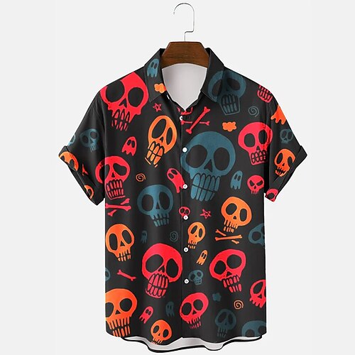 

Kids Boys Halloween Shirt Short Sleeve 3D Print Skull Button Black Children Tops Spring Summer Active Fashion Sports Daily Outdoor Halloween Regular Fit 3-12 Years
