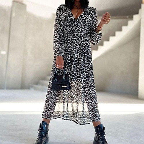 

Women's A Line Dress Midi Dress Black Brown Long Sleeve Leopard Ruched Print Fall Winter V Neck Stylish Modern Slim 2022 S M L XL XXL
