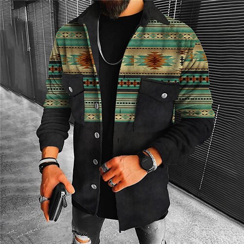 

Men's Coat Warm Street Single Breasted Geometric Pattern 3D Printed Graphic Turndown Streetwear Jacket Outerwear Long Sleeve Pocket Winter