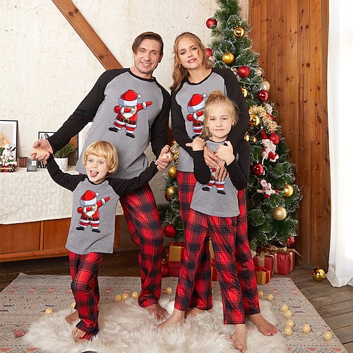

Christmas Pajamas Family Set Ugly Plaid Santa Claus Daily Patchwork Gray Long Sleeve Mom Dad and Me Adorable Matching Outfits Spring Fall Print