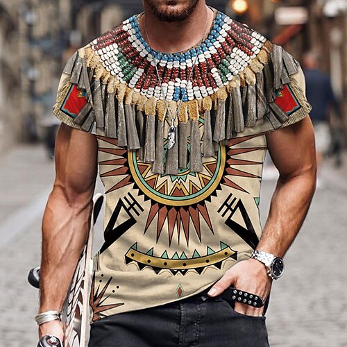 

Men's Unisex T shirt Tee 3D Print Tribal Graphic Prints Crew Neck Street Daily Print Short Sleeve Tops Ethnic Style Casual Classic Big and Tall Khaki / Summer