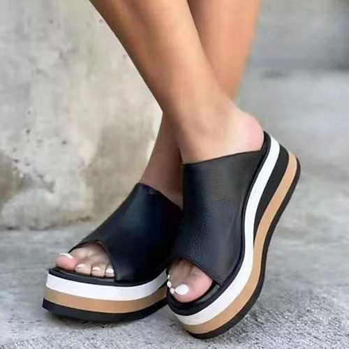 

Women's Sandals Outdoor Office Daily Wedge Sandals Platform Sandals Summer Wedge Heel Peep Toe Casual Walking Shoes PU Leather Loafer Solid Colored Black Beige