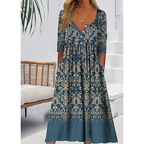 

Per donna Abito casual Abito etnico Vestito longuette Blu Mezza manica Stampa Stampa Estate Primavera A V Informale 2023 S M L XL XXL 3XL