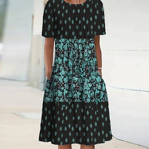 

Women's Casual Dress Shift Dress Knee Length Dress Green Blue Purple Yellow Red Short Sleeve Floral Pocket Print Spring Summer Crew Neck Elegant Casual Vacation 2022 S M L XL XXL 3XL