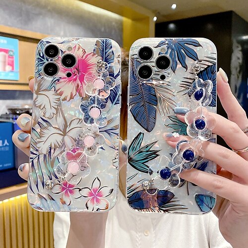 

Phone Case For Apple Back Cover Classic Series iPhone 13 Pro Max 12 11 Bumper Frame IMD with Wrist Strap Flower TPU PC