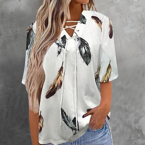 

Women's T shirt Tee Flower Feather Casual Weekend T shirt Tee Short Sleeve Print V Neck Basic White Black Gray S