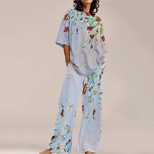 

Women's Loungewear Sets 2 Pieces Flower Fashion Comfort Home Street Cotton Spandex Jersey Crew Neck Short Sleeve T shirt Tee Pant Fall Spring Blue