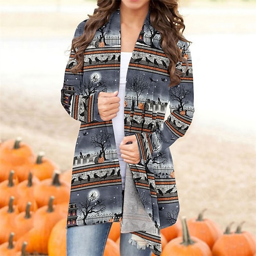 

Women's Casual Jacket Windproof Warm Outdoor Halloween Vacation Casual Daily Print Cardigan V Neck Comfortable Street Style Halloween Animal Regular Fit Outerwear Long Sleeve Winter Fall Black Khaki