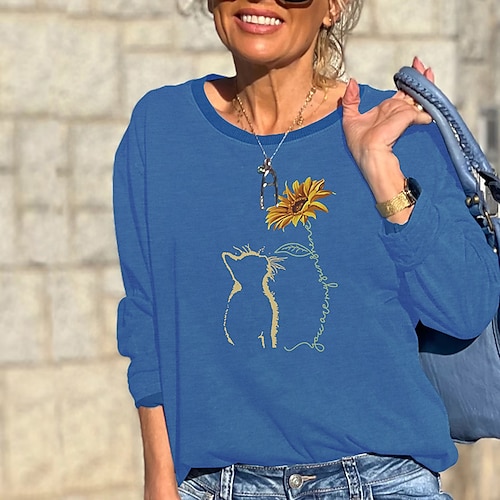 

Women's Sweatshirt Pullover Active Streetwear Print Black Blue Cat Sunflower Daily Round Neck Long Sleeve S M L XL XXL