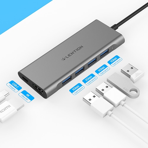 

LENTION USB-C Multi-Port Hub with 4K HDMI Output 4 USB 3.0 Type C Charging Compatible with 2022-2016 MacBook Pro New Mac Air & Surface Chromebook More Stable Driver Adapter