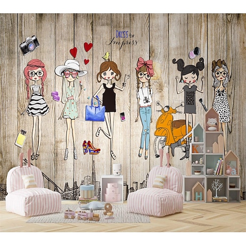 

Mural Wood Plank Cartoon Girl Figure Suitable For Hotel Living Room Bedroom Art Deco 3D Home Decoration Comtemporary Classic Wall Covering