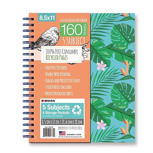 

Flower Notebook College Ruled Subject Notebook 8.5x11 3-Hole Punched Spiral Notebook With Storage Pockets and Index Tab/Sticker Notes S06702-Orange