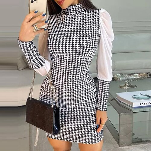 

Women's Bodycon Sheath Dress Short Mini Dress Black Long Sleeve Houndstooth Print Fall Winter Stand Collar Stylish Mature Slim 2022 S M L XL XXL 3XL