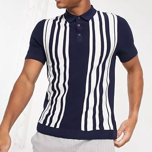 

Per uomo POLO Camicia da golf Golf Strada Informale Collo a polo Classico Manica corta Di tendenza Informale A strisce Pulsante frontale Bottone giù Estate Standard Blu marino POLO