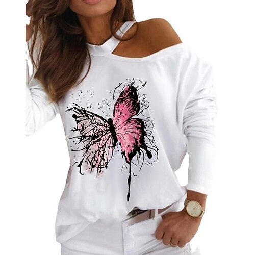 

Women's Shirt Butterfly Heart Daily Weekend Butterfly Shirt Long Sleeve Cut Out Print Round Neck Casual Streetwear White Black Gray S