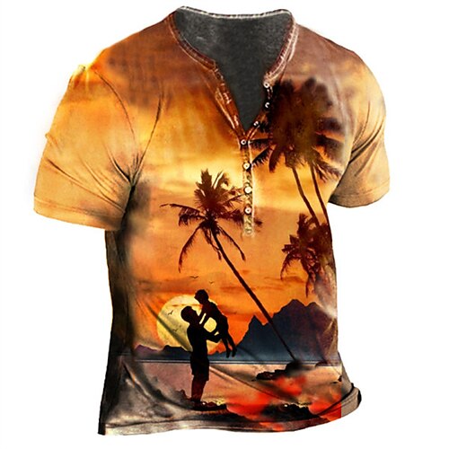 

Men's Henley Shirt Tee T shirt Tee 3D Print Graphic Patterned Landscape Plus Size Henley Daily Sports Button-Down Print Short Sleeve Tops Designer Basic Casual Big and Tall Orange / Summer / Summer