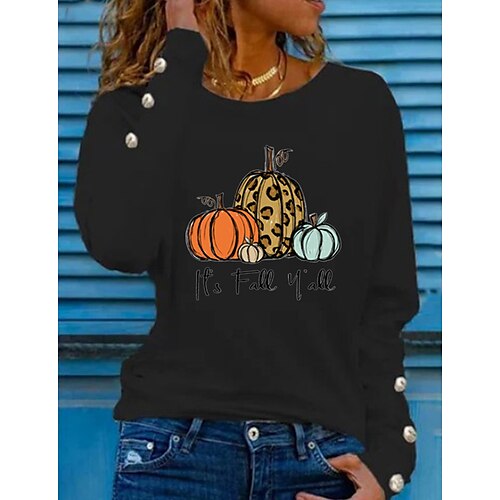 

Women's Sweatshirt Pullover Button Up Hoodie Active Halloween Print White Black Blue Leopard Pumpkin Text Casual Round Neck Long Sleeve S M L XL XXL