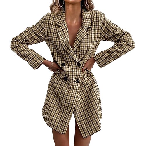

Women's Blazer Dress Short Mini Dress Khaki Long Sleeve Plaid Print Fall Winter V Neck Casual 2022 S M L XL 2XL 3XL