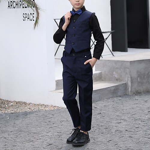 

Kids Boys Suit Blazer PantsSet Clothing Set 3 Pieces Long Sleeve Navy Blue Solid Color Party School Gentle Preppy Style 3-13 Years