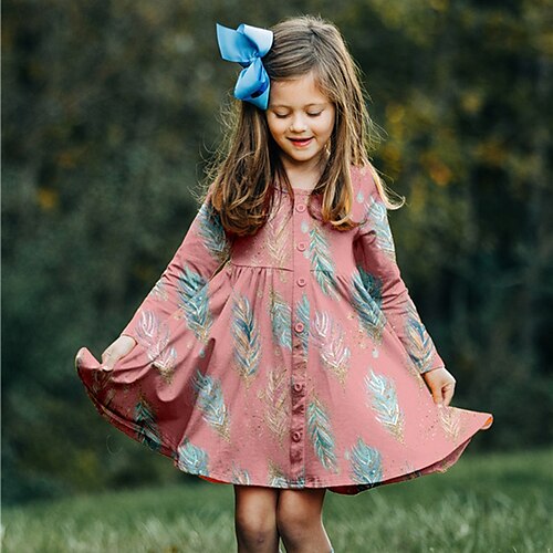 

Kids Girls' Dress Leaves Shift Dress Above Knee Dress Daily Print Long Sleeve Cute Dress 3-10 Years Winter Pink