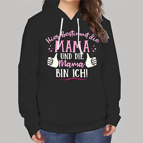 

Women's Plus Size Tops Hoodie Sweatshirt Letter Print Long Sleeve Hooded Streetwear Daily Vacation Polyester Fall Winter Black