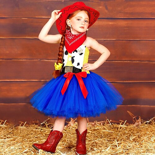 

Toy Story Jessie Outfits Tutu Girls' Movie Cosplay Princess Sweet Blue Dress Scarf Hat Masquerade Organza