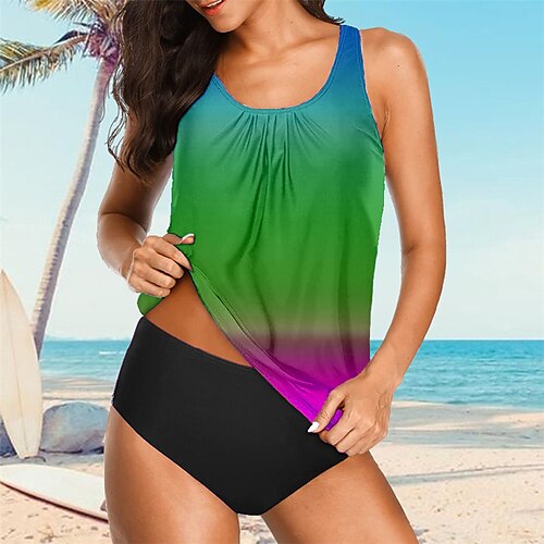 

Women's Tankini Two Piece Swimsuit High Waist Shirred Swimwear Bathing Suit Gradient Swimwear Green Blue Quick Dry Swimming Surfing Beach Summer