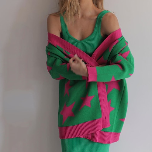 

Women's Cardigan Sweater Jumper Crochet Knit Knitted Star V Neck Stylish Casual Daily Holiday Fall Winter Green Black S M L / Long Sleeve
