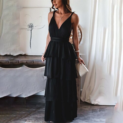 

Women's A Line Dress Maxi long Dress Black Sleeveless Solid Color Ruffle Spring Summer V Neck Stylish Modern 2022 S M L XL