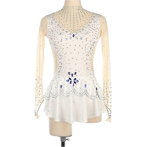 

Figure Skating Dress Women's Girls' Ice Skating Dress White Thumbhole High Elasticity Training Competition Skating Wear Crystal / Rhinestone Long Sleeve Ice Skating Figure Skating / Winter