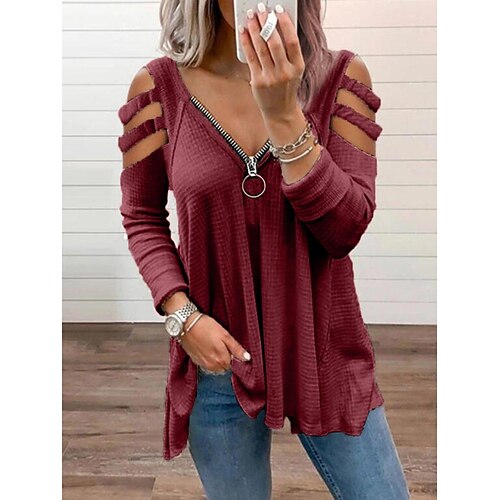 

2021 european and american foreign trade cross-border amazon autumn and winter new sexy low-cut zipper solid color shoulder strap long-sleeved t-shirt women