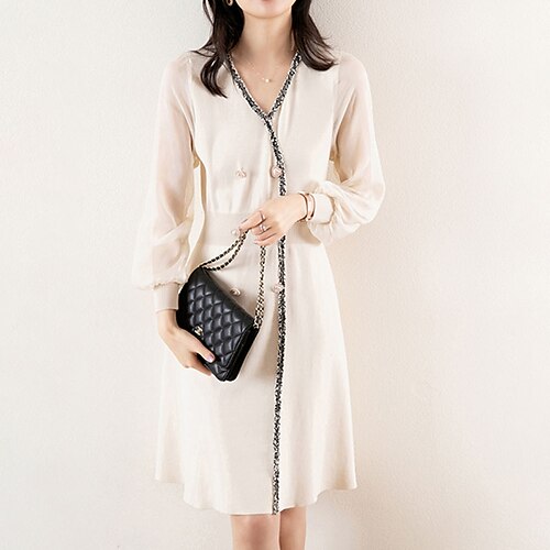 

Women's Shift Dress Knit Dress Knee Length Dress Black Beige Long Sleeve Pure Color Mesh Knit Button Fall Winter V Neck Stylish Elegant Mature 2022 One-Size