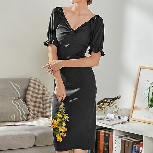 

Women's Sheath Dress Midi Dress Black Pink Brown Short Sleeve Solid Color Puff Sleeve Bow Fall Summer V Neck Stylish Elegant Fashion Puff Sleeve 2022 S M L XL